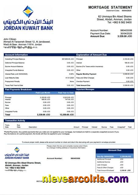 Jordan Kuwait Bank mortgage statement Word and PDF template